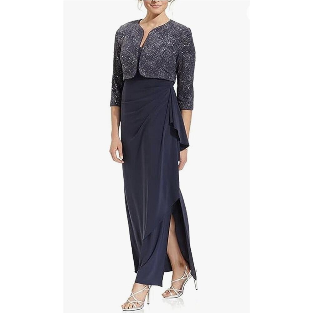 Alex Evenings Women's Draped Gown & Glitter Bolero Jacket Dress Size 8 Petite